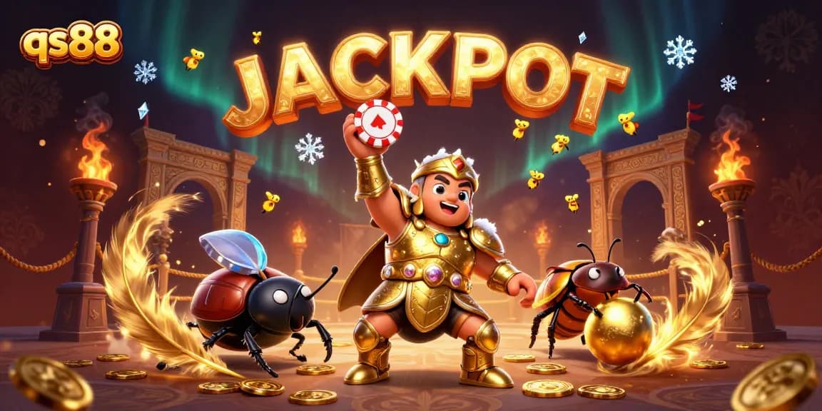 Experience the excitement of qs88 with a victory scene featuring a gladiator beetle raising a poker chip, surrounded by dynamic gaming elements.