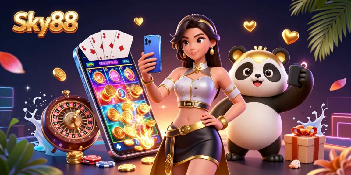 Experience Sky88's vibrant casino world with an elegant Asian woman and cheerful panda mascots enjoying gaming together.
