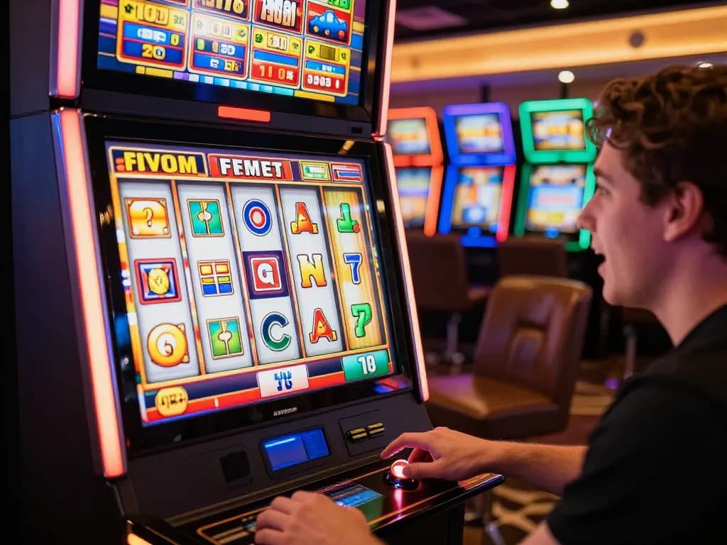 Exciting moment at 92slot com as a player engages with a vibrant slot machine, spinning reels glowing