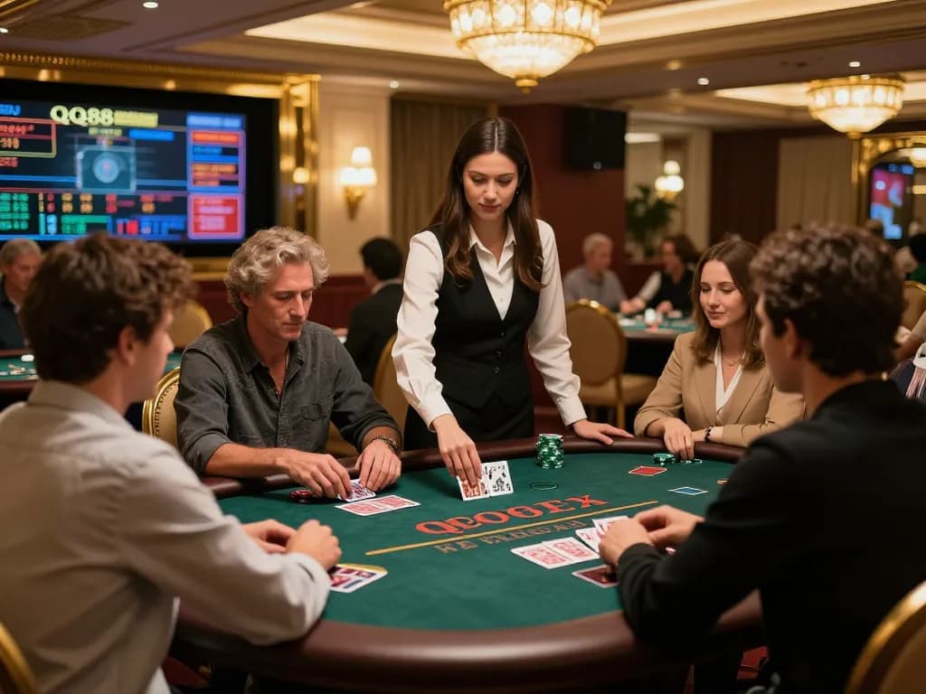Players at QQ88 engage in a lively Blackjack game with a professional dealer in a luxurious setting.