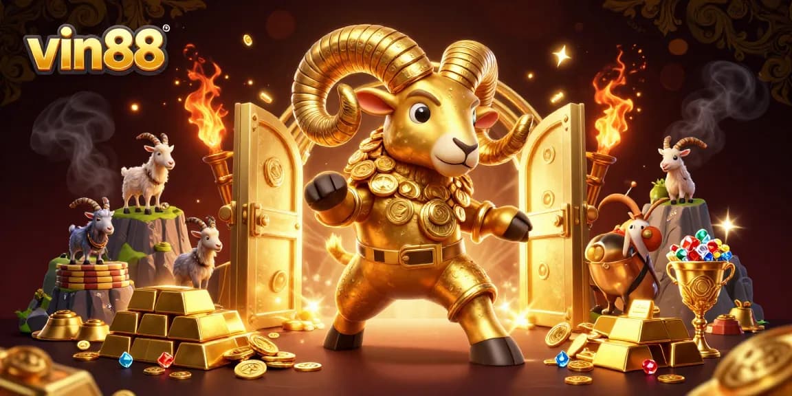 Experience the excitement at vin88 with a golden ram rushing through a treasure vault of riches.