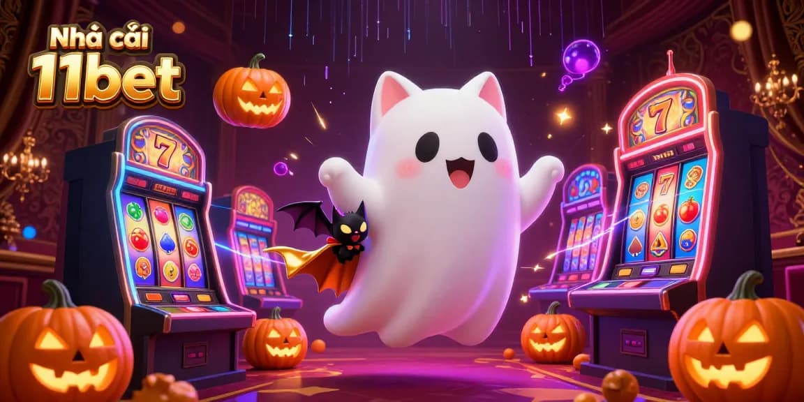 Engage with Nhà cái 11bet's casino experience featuring a friendly ghost cat and vibrant gaming elements.