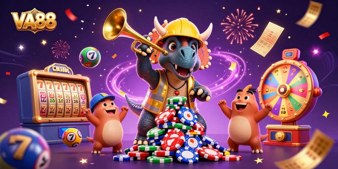 VA88 showcases a vibrant casino scene with a triceratops building poker chips amidst colorful gaming elements.