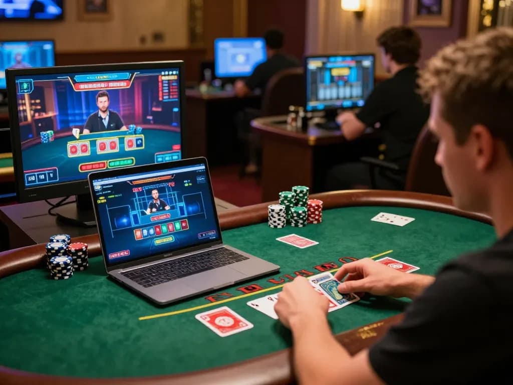 Player engaging in lucks8 online blackjack, showcasing strategic gameplay with cards and chips in view.