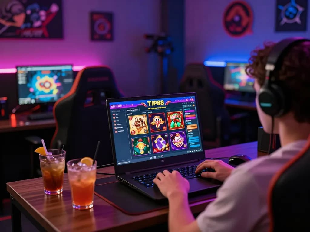 Engaging in online gaming at TIP88 with a laptop, showcasing a diverse game selection in a cozy environment.