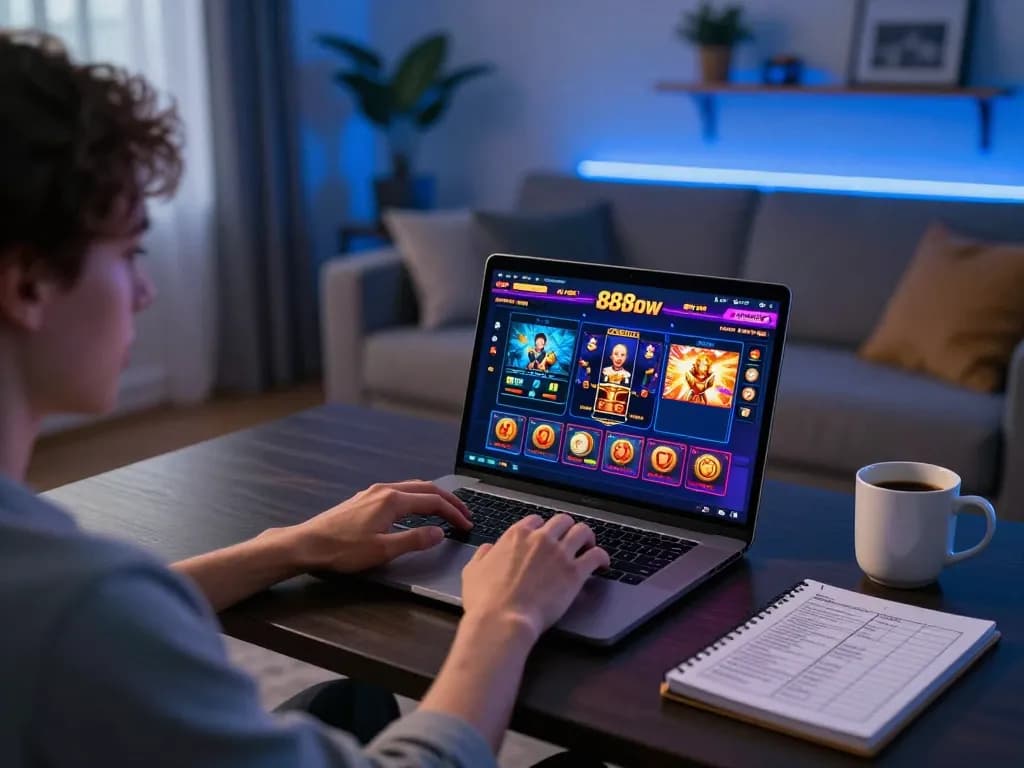 Engaging in online games on 888now com, showing laptop interface and cozy home environment