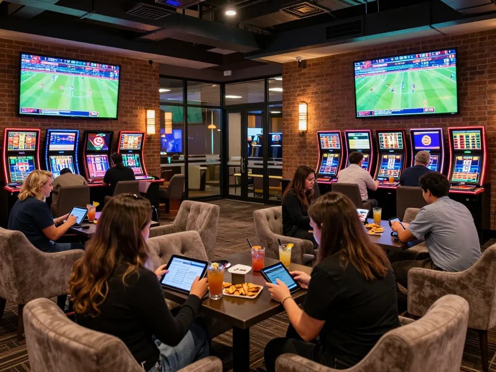 Exciting sports betting scene at nhacaiuytin44 lounge with patrons engaged in live gaming.