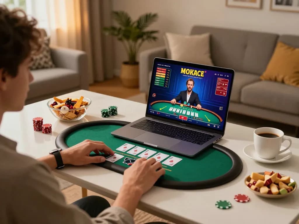 DABET gaming enthusiast engages with live dealer casino from home, showcasing poker on laptop