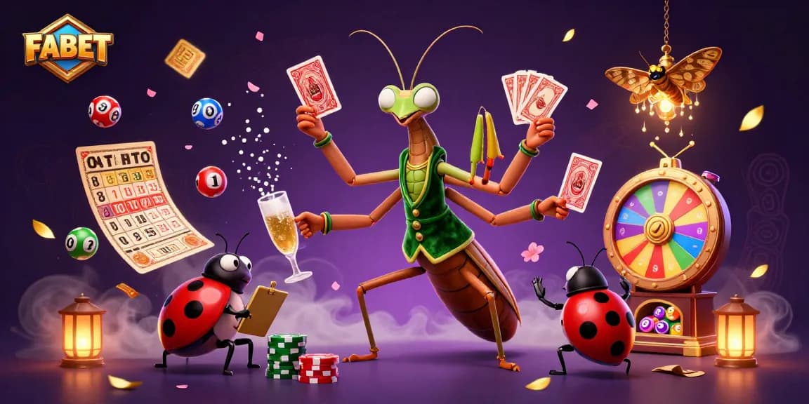 FABET casino illustration with a giant praying mantis card sharp dealing cards, vibrant lottery balls, and dynamic game elements.