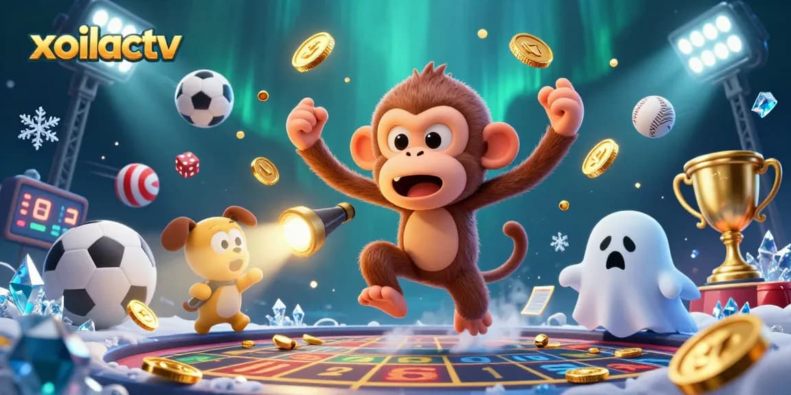 Xoilactv showcases an exciting soccer-themed illustration with sports balls and a playful monkey in a vibrant casino setting.