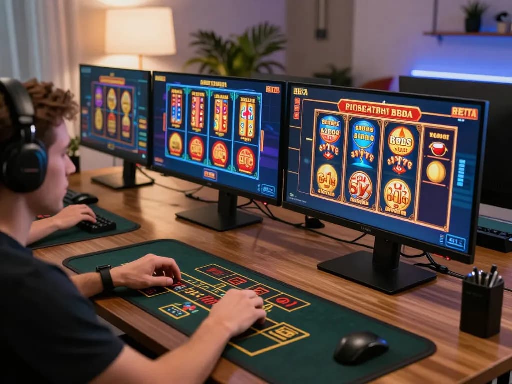 Engaged player at a professional online gaming setup with ku88it casino games displayed on multiple monitors.