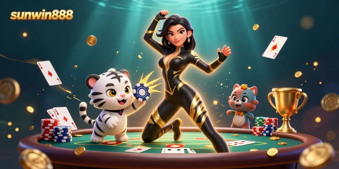 Elevate your poker game with sunwin888 in this vibrant 3D casino scene featuring high-stakes action.