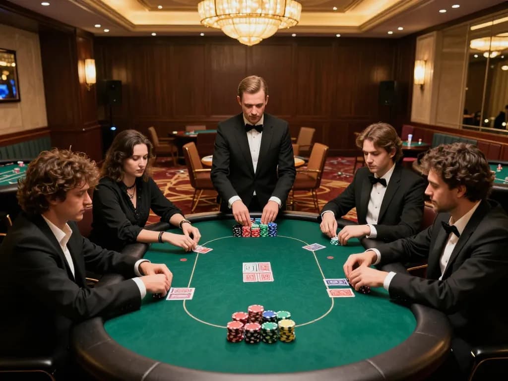 Players strategizing in an exciting poker game at VB88 casino, showcasing vibrant chips and intense focus