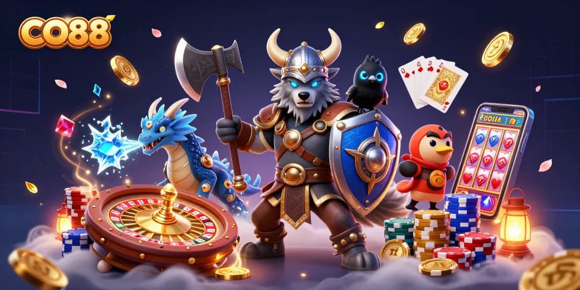 CO88 engages players in a thrilling gambling adventure with vibrant coins, chips, and lively characters.