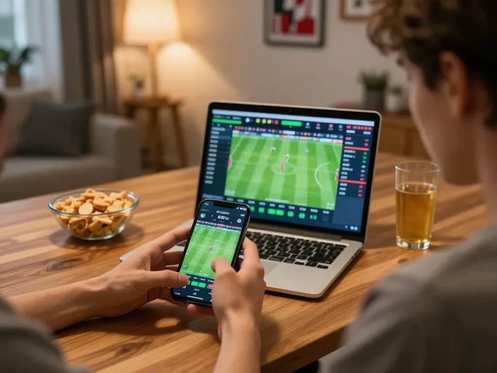 Person reviewing soccer picks on smartphone during live match betting in a cozy home