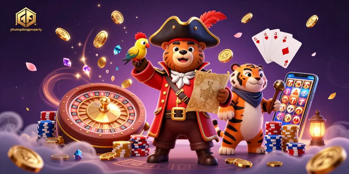 Experience the excitement of phuongdongproperty with 3D characters and casino elements in this vibrant illustration.