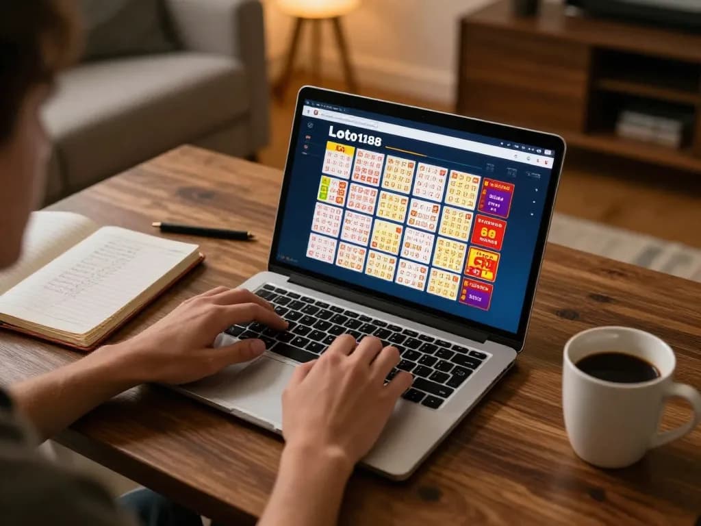 Engaging in loto188 online gaming, showcasing a cozy home setup with a laptop.