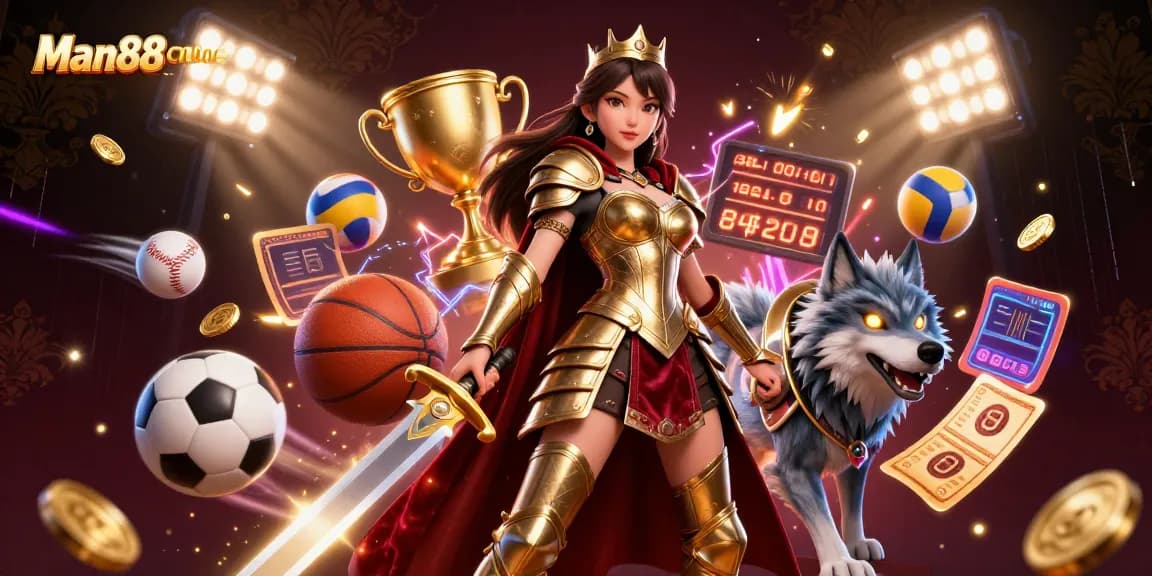 Experience thrilling gaming action with Man88online's vibrant sports-themed casino illustration.