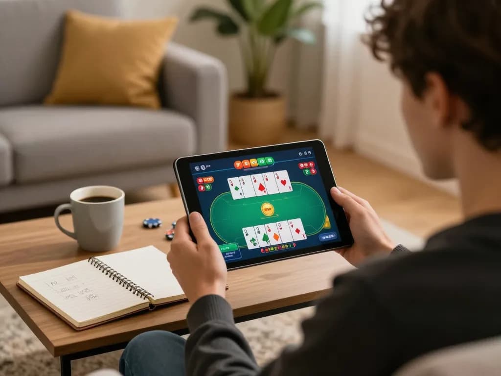 Engaging poker gameplay on a tablet showcases debet strategies in a cozy home environment.