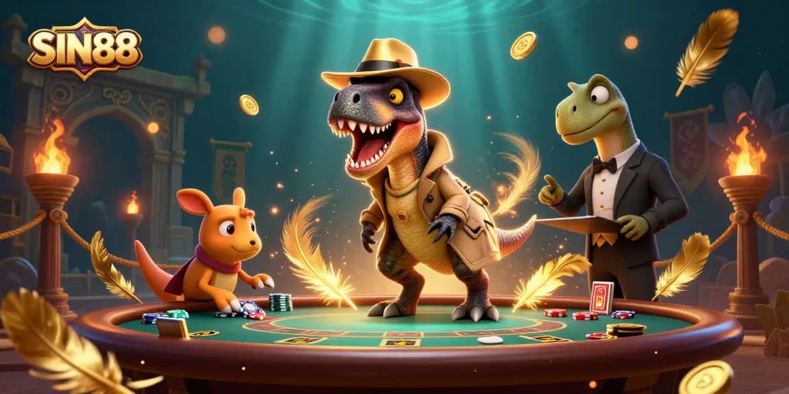 SIN88 velociraptor at a blackjack table, engaging in playful gambling tactics.