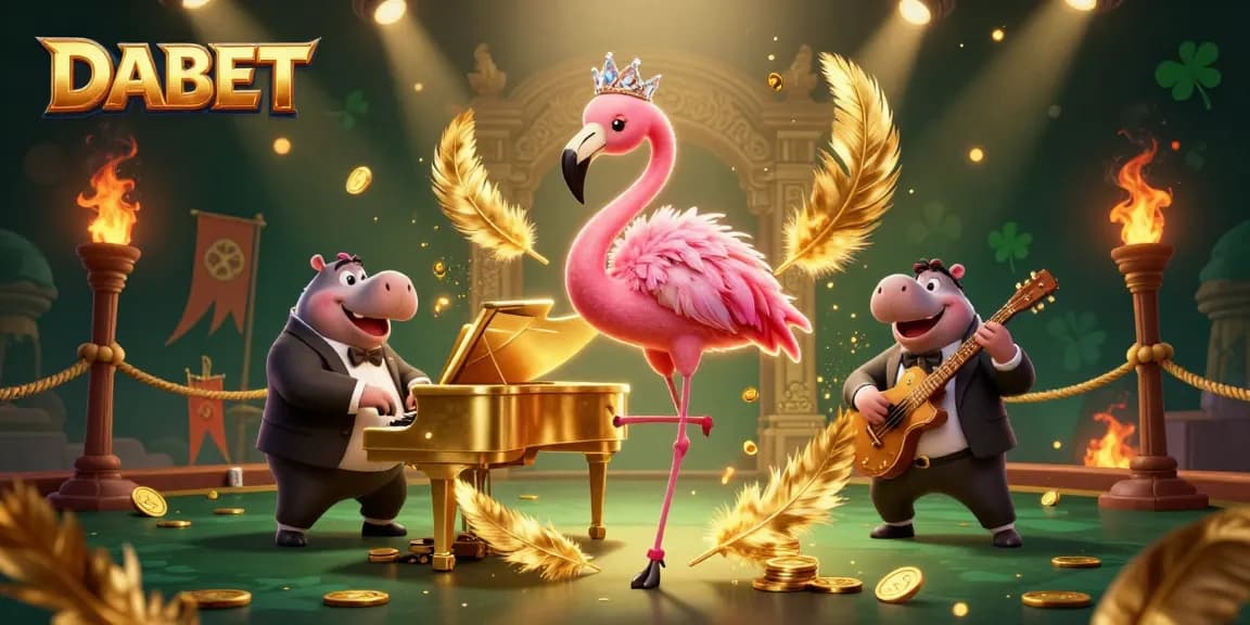DABET showcases vibrant casino action with a flamingo singer, hippo bassist, and gold coins.