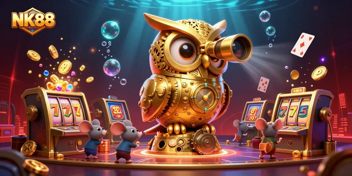 Experience thrilling casino games with NK88, featuring a clockwork owl and bustling slot machines.