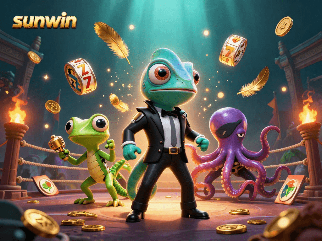 Experience thrilling slots with sunwin in this vibrant 3D casino scene featuring dynamic characters and elements.