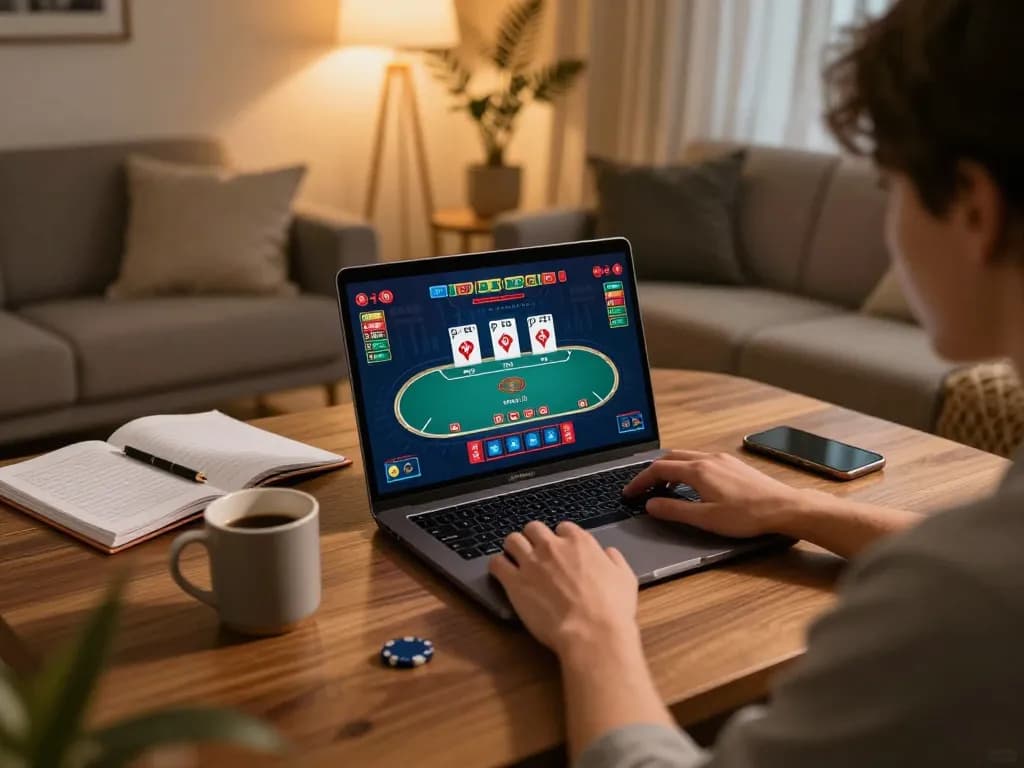 Engaging poker gameplay at home through vu88 on a laptop with strategic notes nearby.