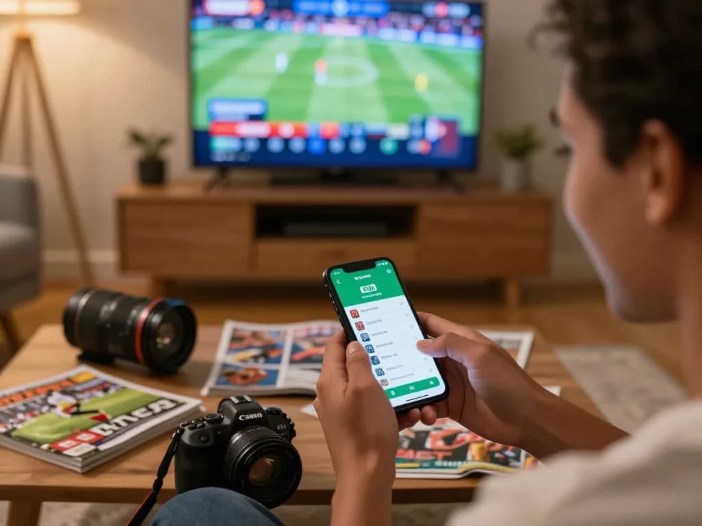 E2bet user placing bets on smartphone in cozy home environment while watching live sports.