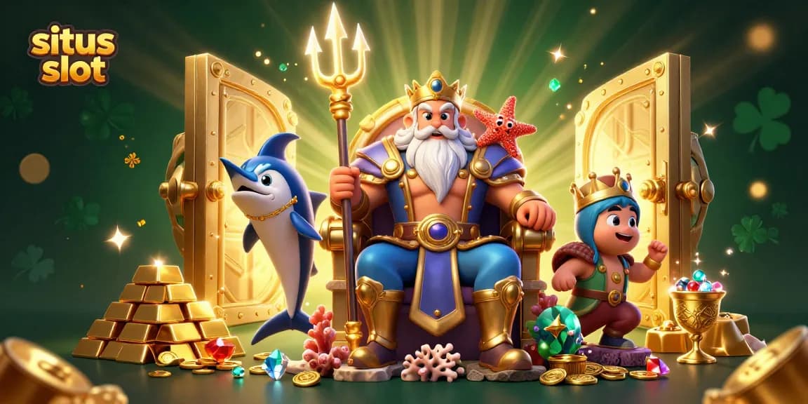 Experience exhilarating gameplay at situs slot with Neptune, flanked by his swordfish guardian.