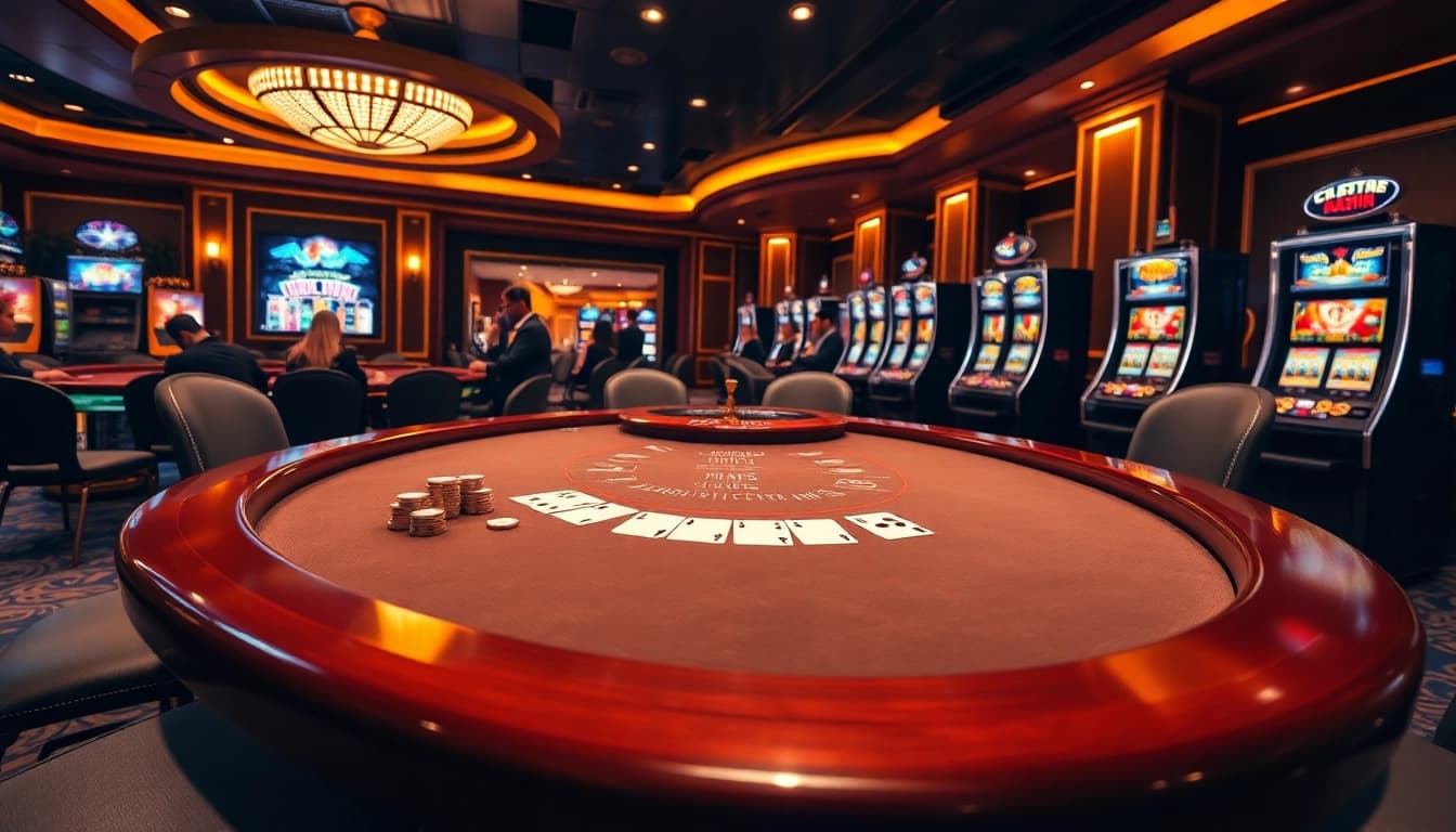 Celebrating a lucky win at a glamorous casino with blackjack tables and slot machines.