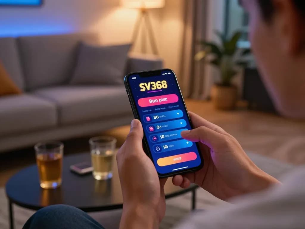 SV368 app displayed on smartphone for live betting, showcasing digital gambling excitement in a cozy home setting.