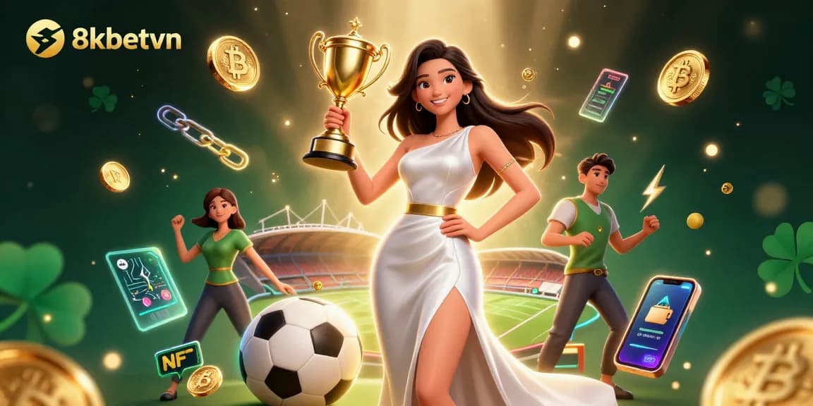 Bet big at 8kbetvn while enjoying thrilling sports betting illustrated with a victorious woman.