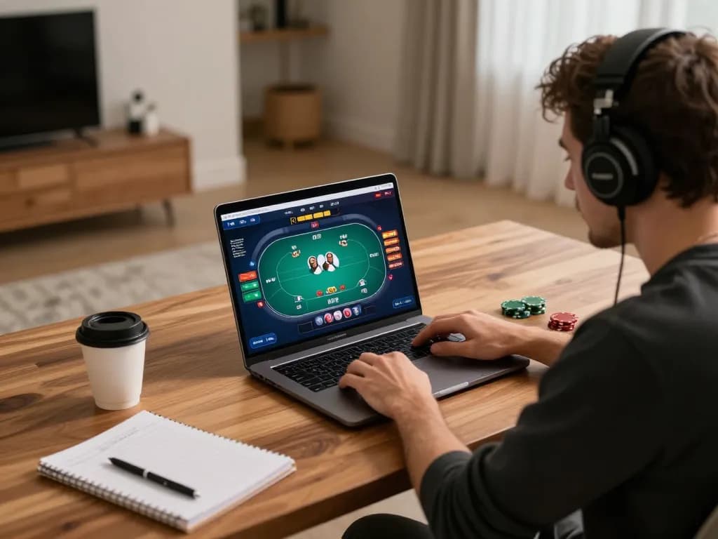YO88 online poker gameplay at home with player focused on laptop and strategy notes.