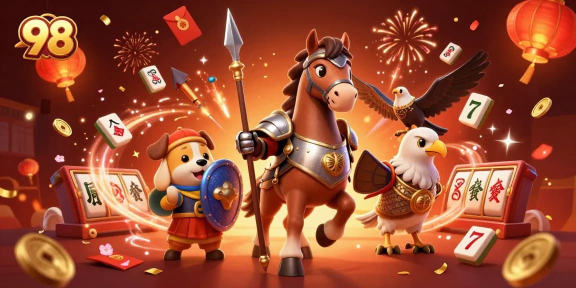 Experience the thrill of 98 casino games with knights and festive elements in a vibrant illustration.