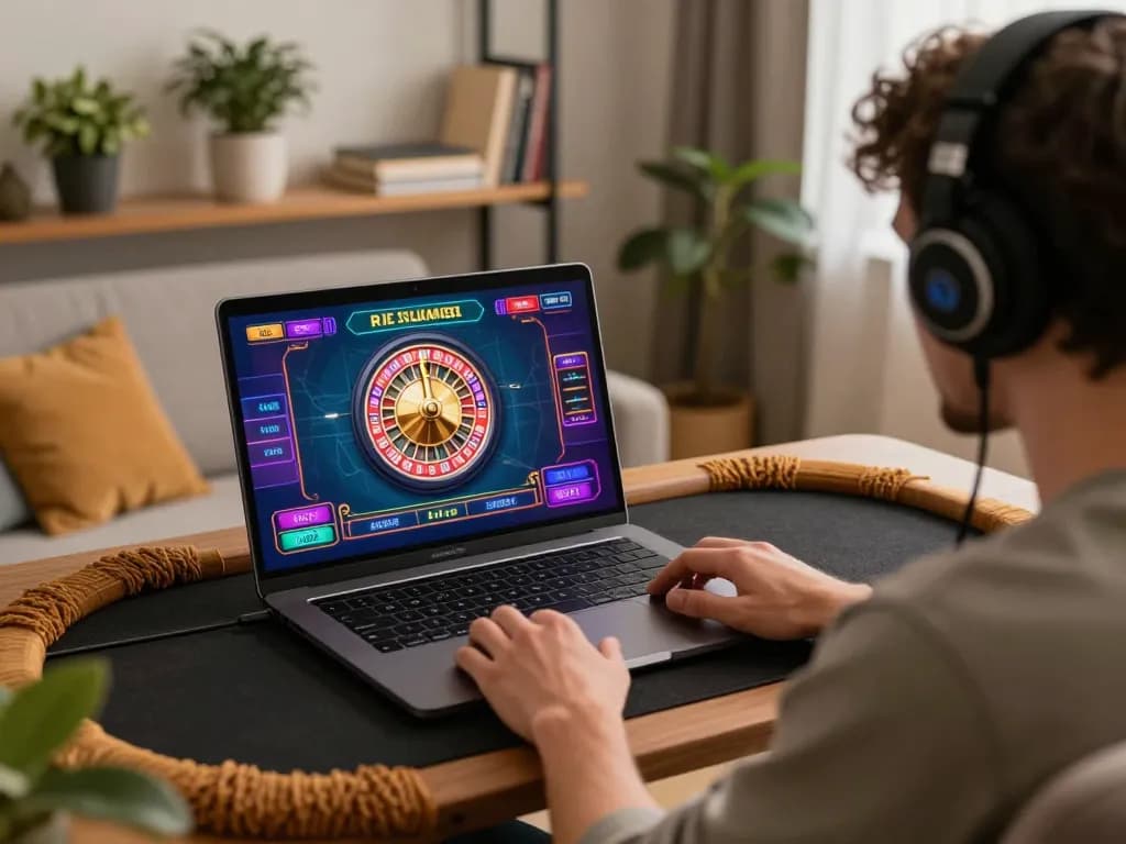 Player engaging with VU88 online casino roulette game on laptop in cozy home setup