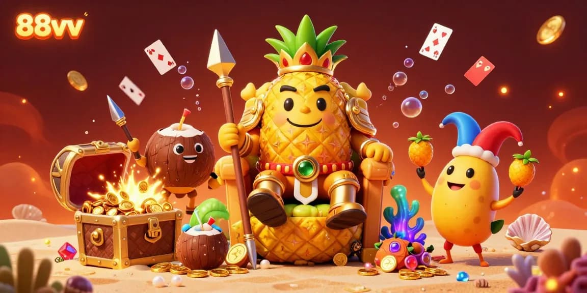 Engage in thrilling gameplay at 88vv, featuring a vibrant illustration of a golden pineapple king and animated casino elements.