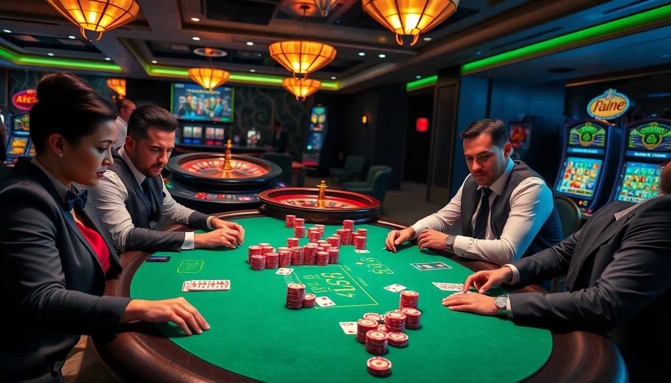 Excited players engaging in a high-stakes poker game at new88.com casino, surrounded by vibrant gaming elements.