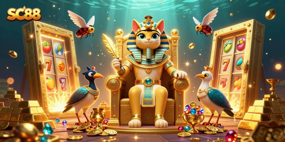 Engage with SC88 slots and treasures featuring a cartoon pharaoh cat and other game elements in a vibrant scene.