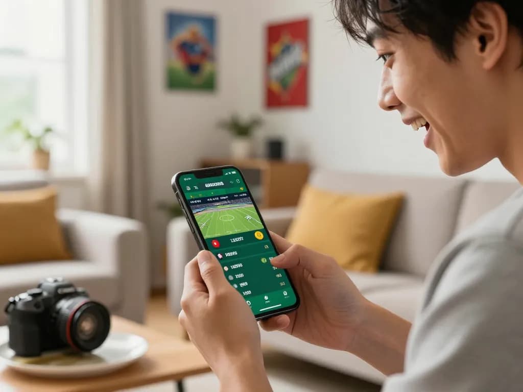Engaging in sports betting via smartphone, displaying TR88 odds and live updates.