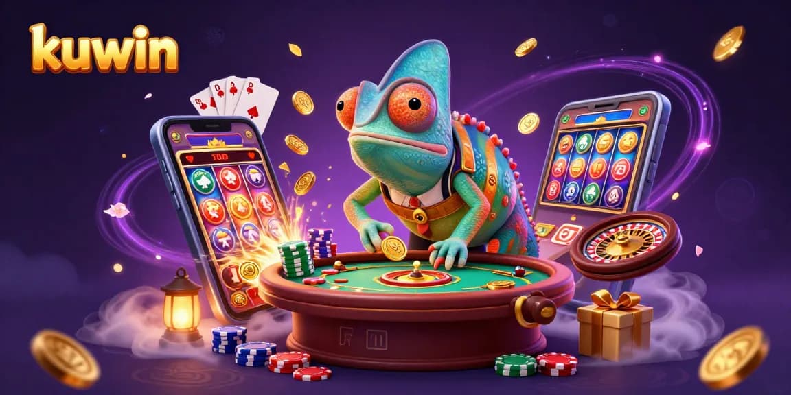 Kuwin's dynamic chameleon casino owner captures golden coins in a vibrant gaming scene