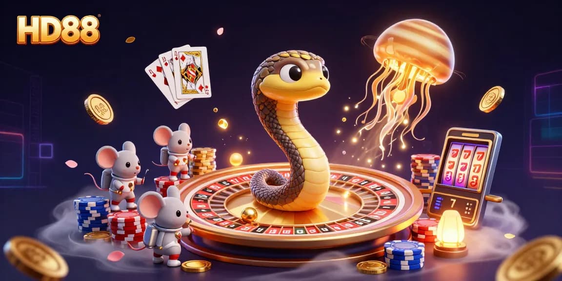 Place your bets with HD88 in a vibrant cosmic casino scene featuring unique characters.
