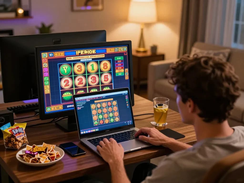 Player enjoying an online slot game on SC88, showcasing a vibrant gaming setup in a cozy room