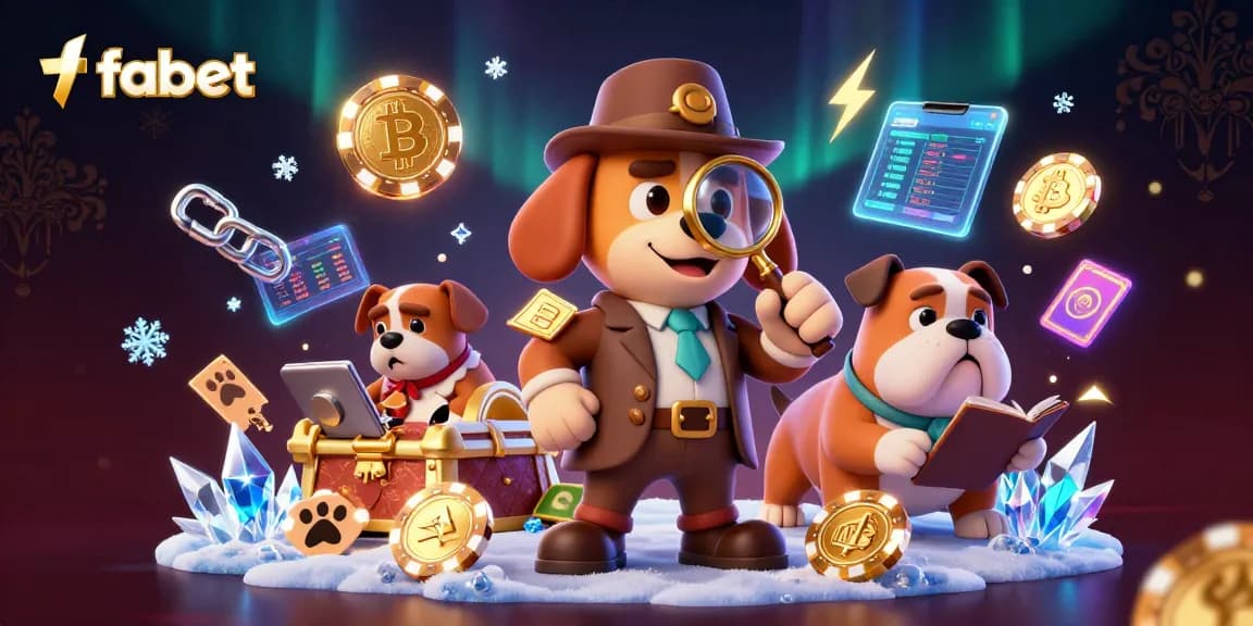Engage with fabet’s vibrant gaming scene showcasing a detective investigating a poker chip clue amidst crypto elements.