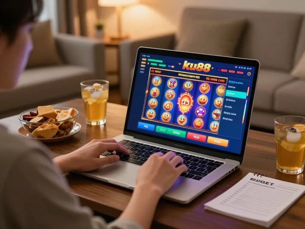 Player engaged in ku88 online casino action on laptop in cozy home setting, showcasing responsible gaming elements.