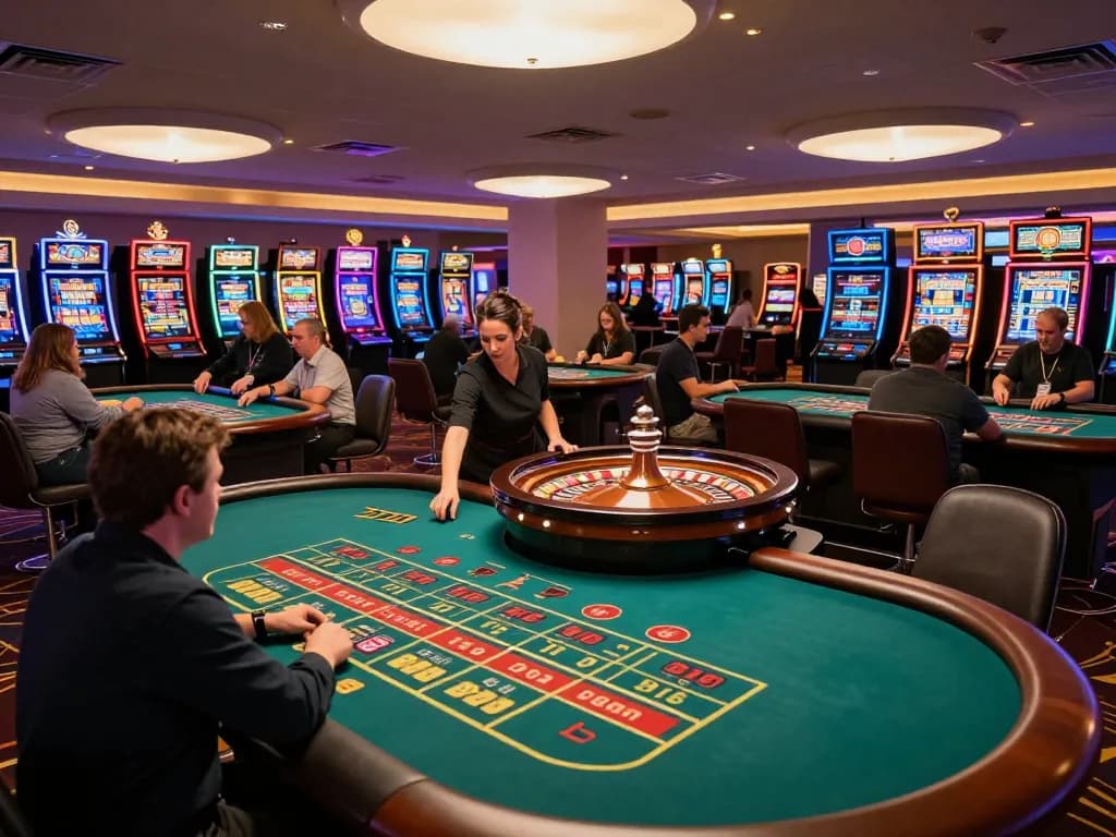 Players engage at roulette tables in an upscale casino, showcasing VK88 excitement and vibrant gaming atmosphere.