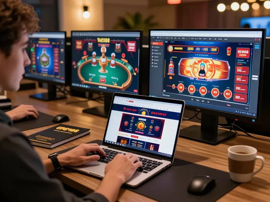 Engaging online gaming session at open88 with excited user exploring various casino games on laptop.