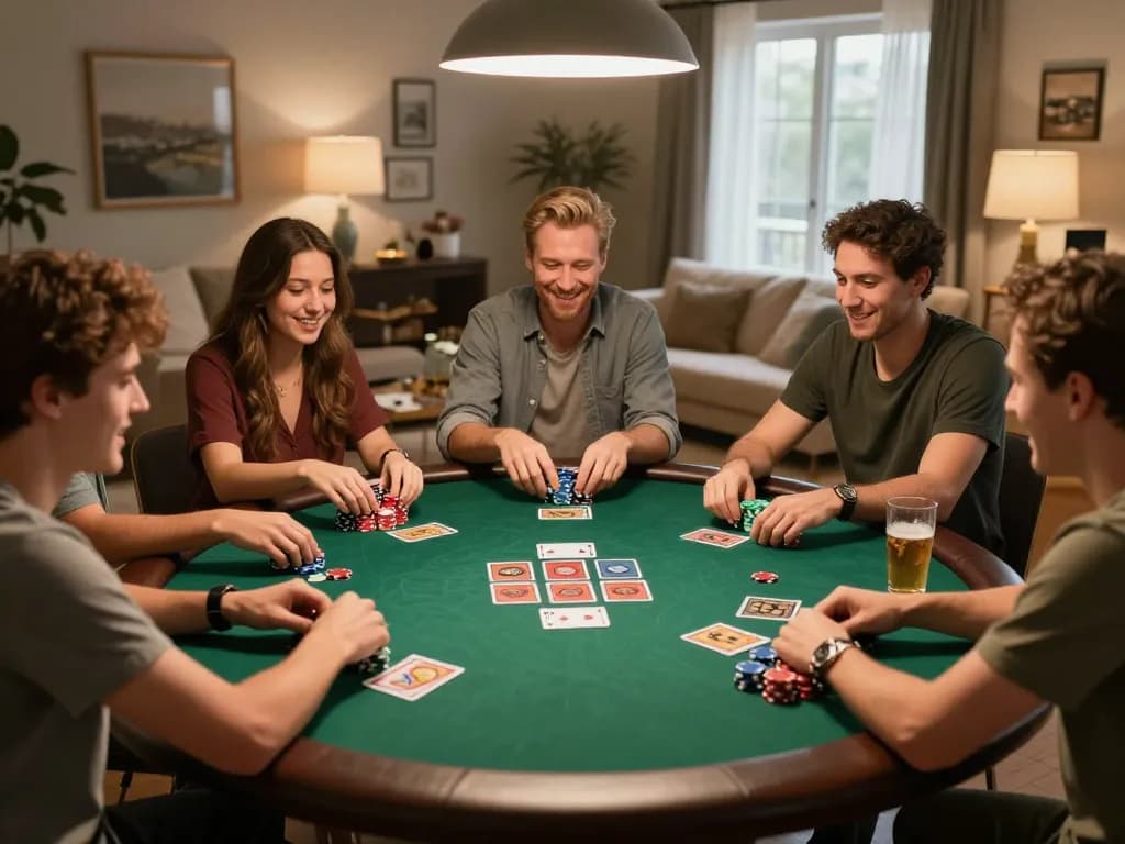 cm88betjuara poker night with friends playing cards at a cozy home table