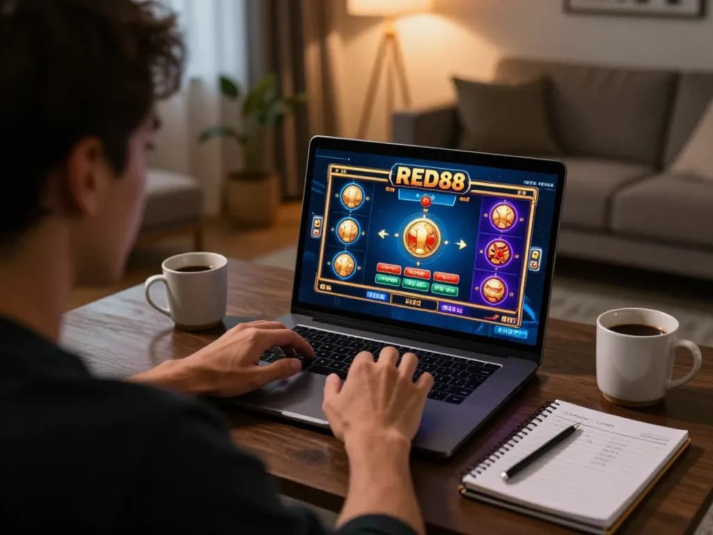 Engaging in RED88 online casino gaming with colorful interface on laptop at home.
