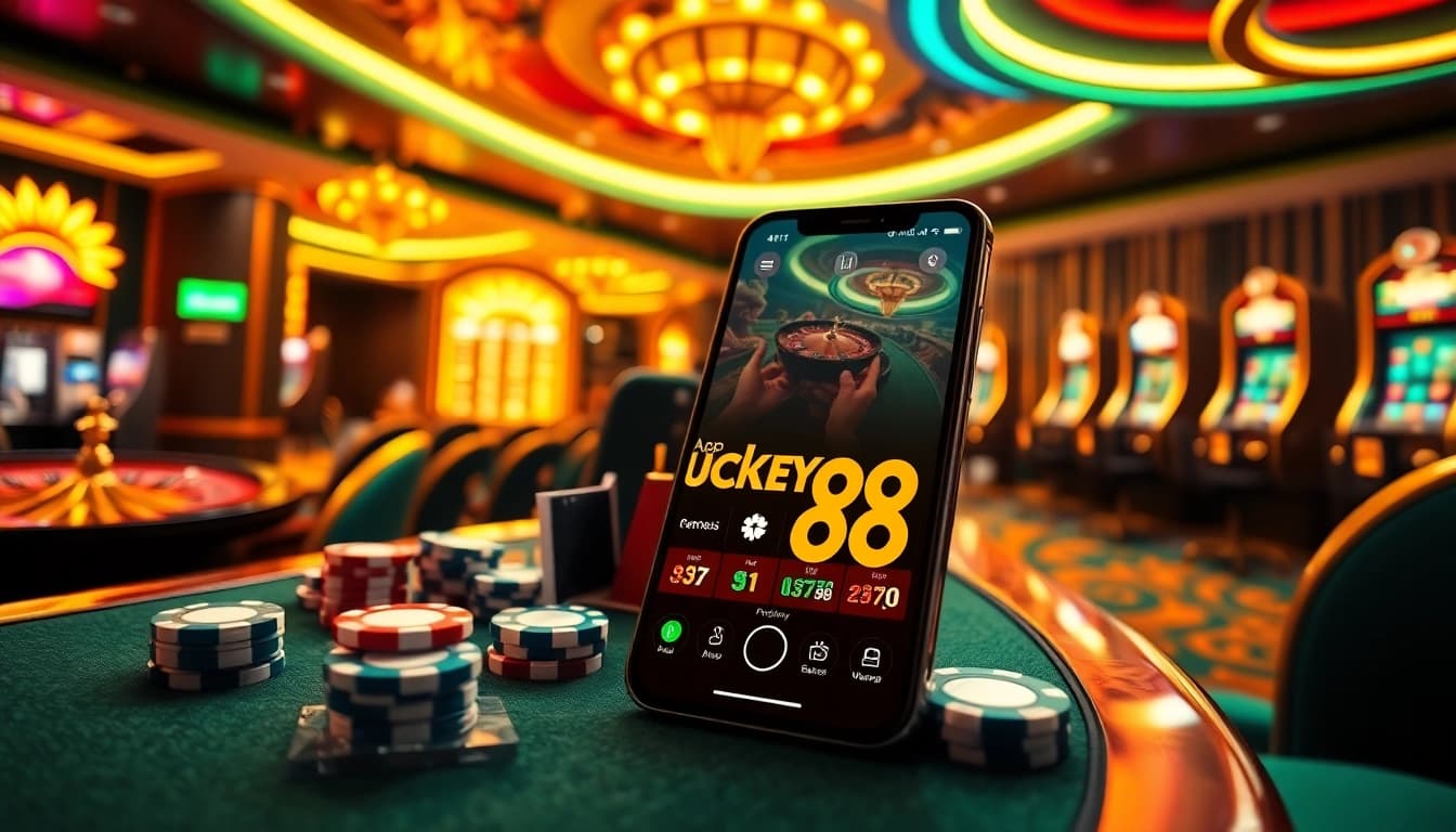 Experience the excitement of gambling with the App Lucky88 showcased on a luxurious casino interface.